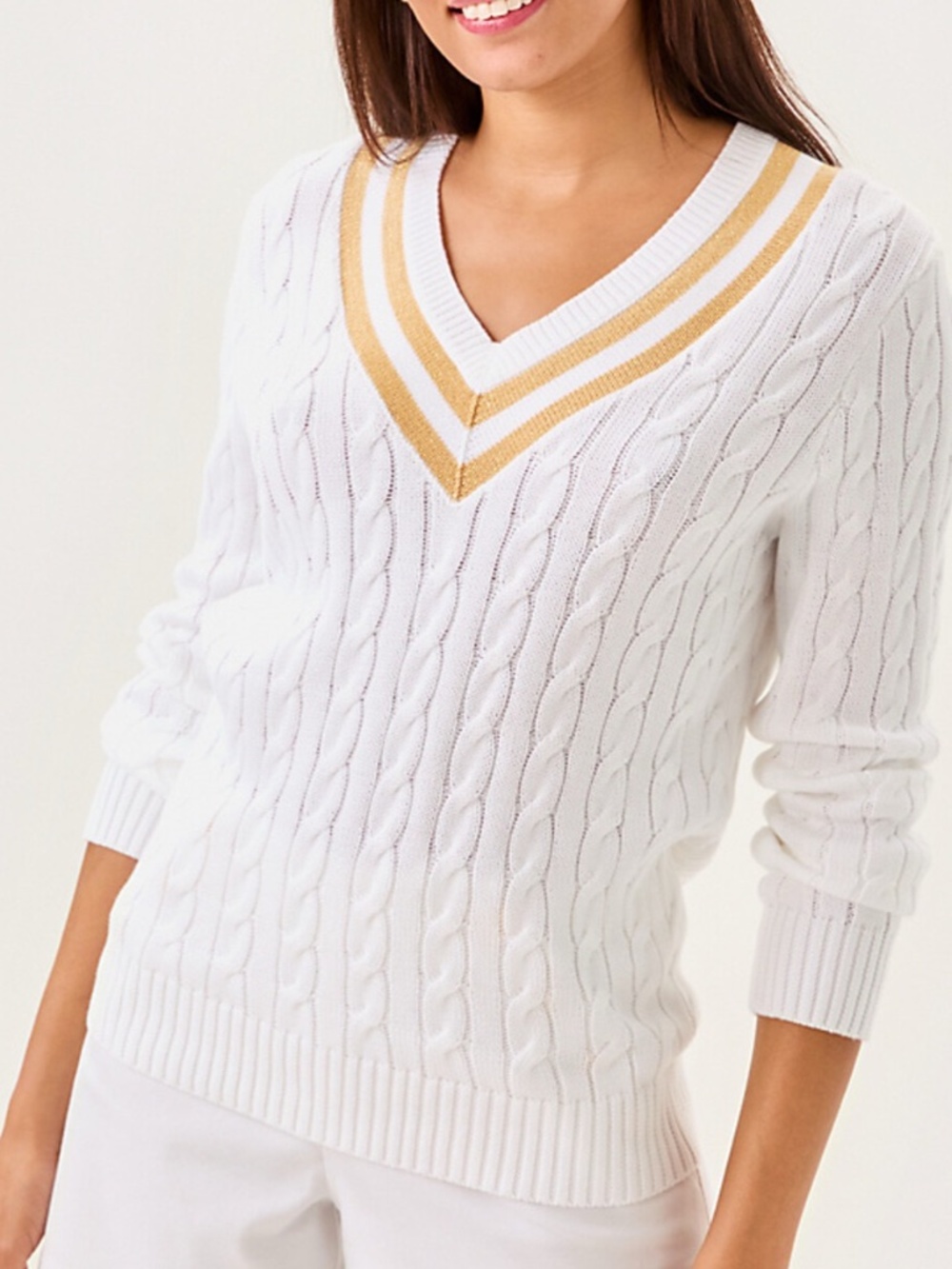 NWT Brockton Cable Knit Gold Metallic V-Neck Long Sleeve White Summer Sweater